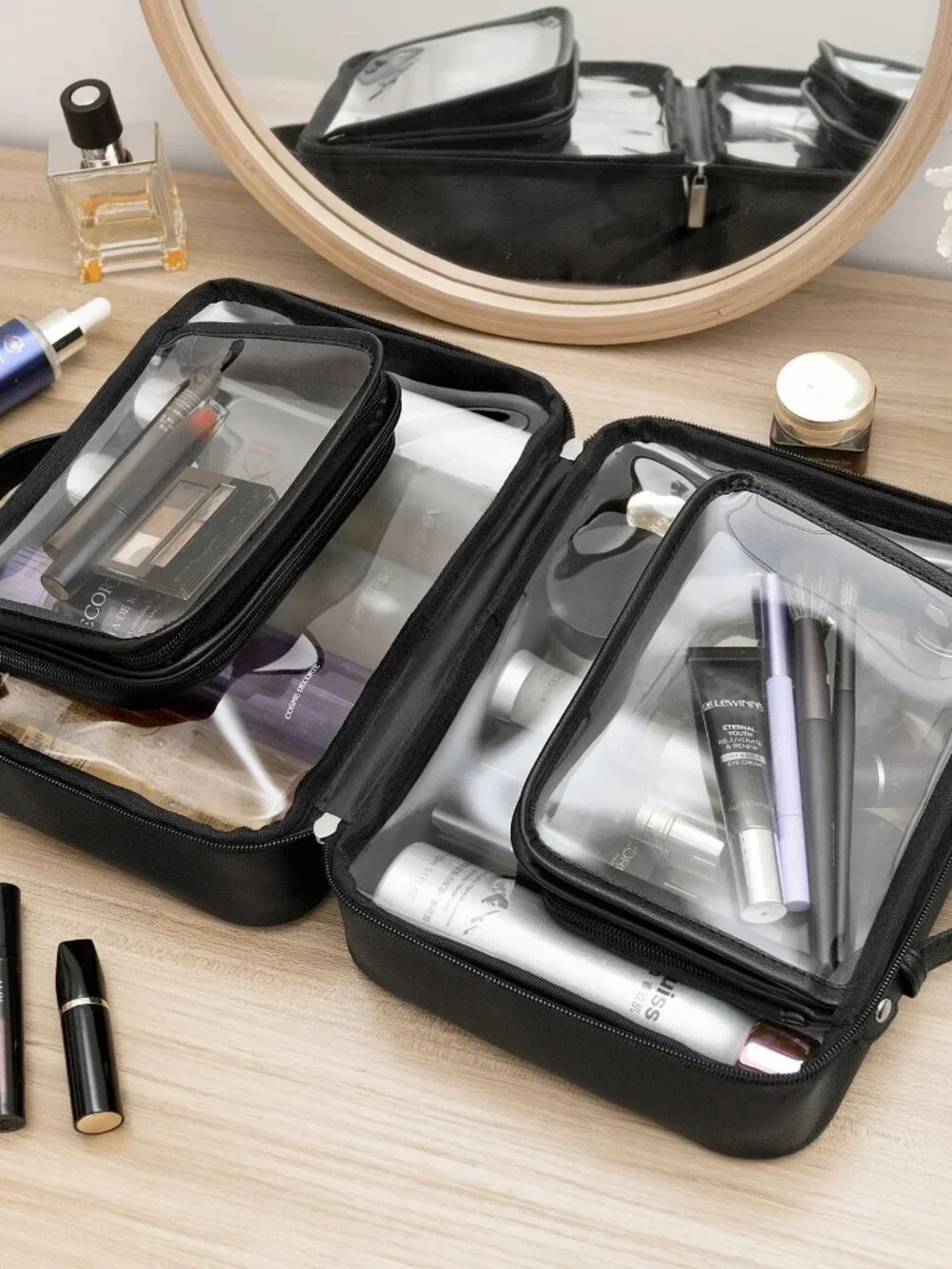 Large TSA approved black clear travel makeup toiletry bag clamshell design LARGE